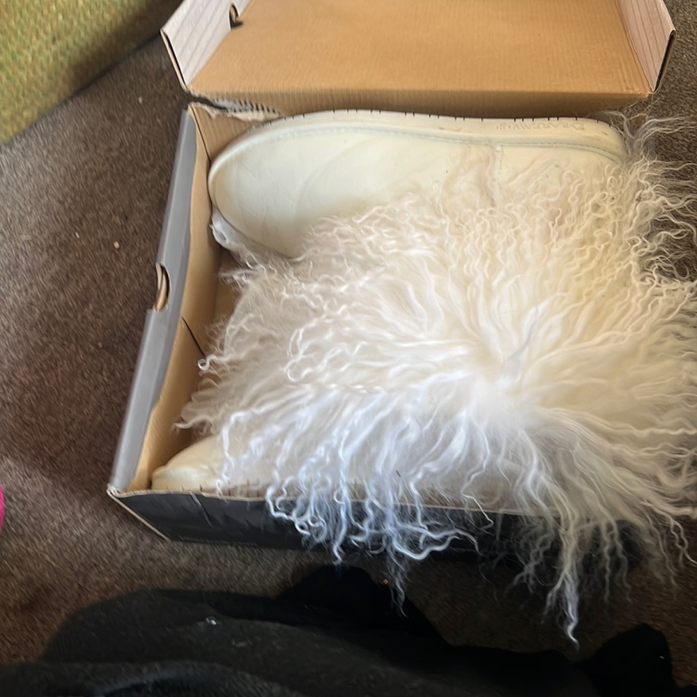BearPaw ankle boots suede with sheep fur. White with shaggy sheep fur.